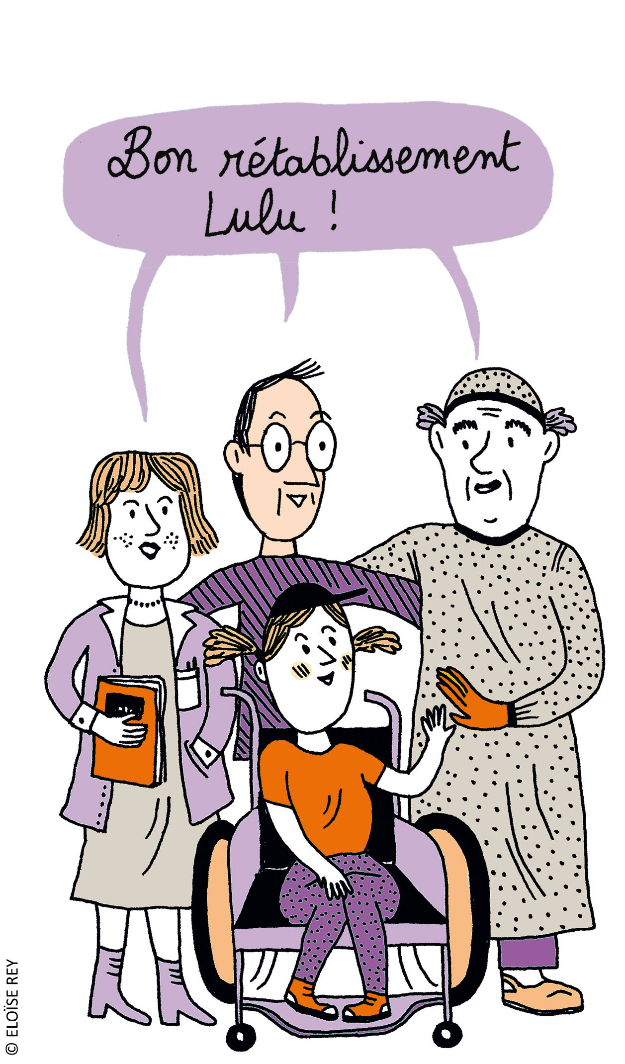 Equipe médicale et aidants souhaitant un bon rétablissement à Lulu