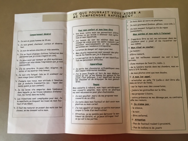 Verso d'un passeport de communication contenant des sections sur les comportements, et les consignes pour les soins et repas.