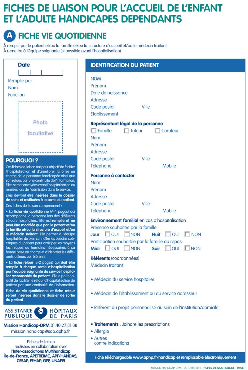Fiche de liaison pour l'accueil de l'enfant et l'adulte handicapés dépendants